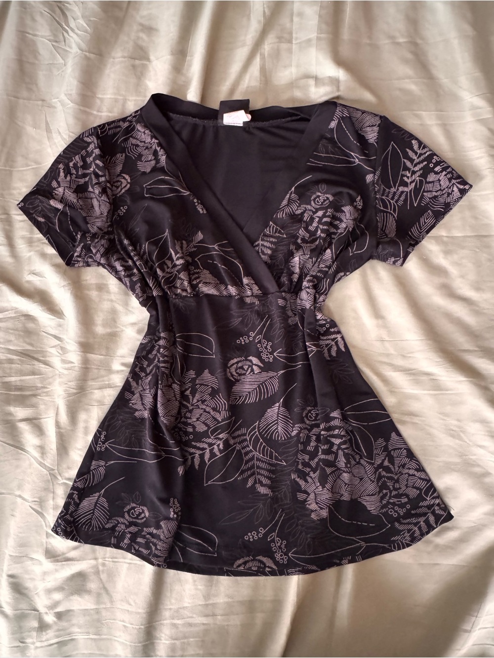 Women's Black Floral Wrap-Style Short Sleeve Top